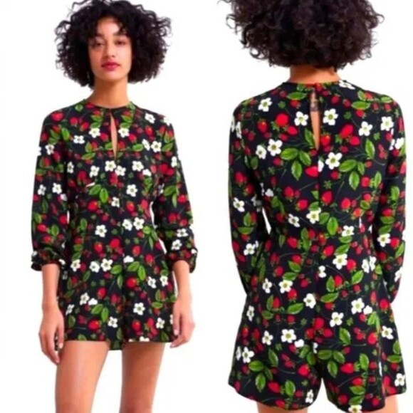 Zara Romper Jumpsuit Women M Black Strawberry Floral Long Sleeve Festival Party - Picture 2 of 11